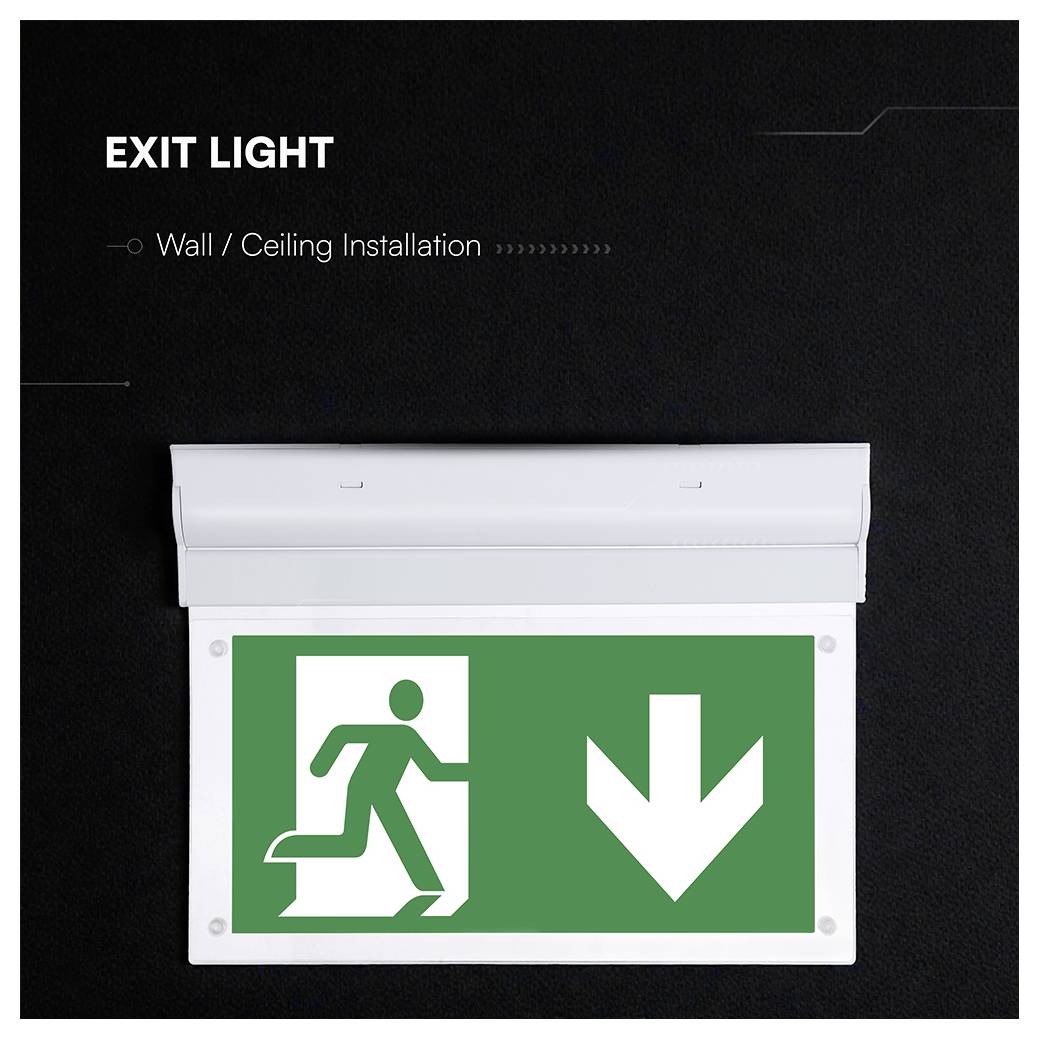 Aan de muur of plafond gemonteerd noodlicht met een groen noodsignaal waarop een rennend persoon en een pijl naar beneden staan afgebeeld; gelabeld 'EXIT LIGHT'.