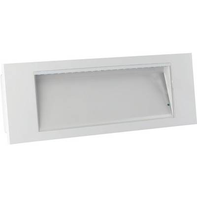 Witte rechthoekige inbouwwandlamp met een matglazen frontpaneel, weergegeven onder een hoek op een effen witte achtergrond.