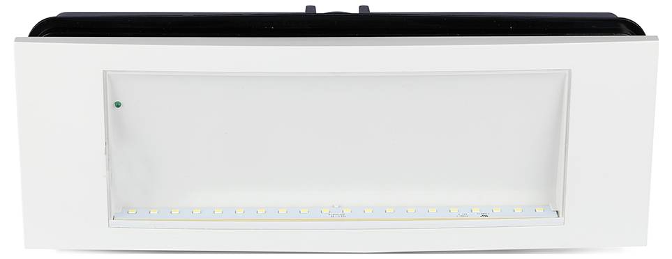 Witte rechthoekige lichtarmatuur met een ingebouwde paneel en een rij kleine lampen langs de onderste rand.