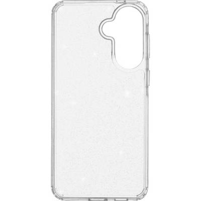 Doorzichtig helder smartphone-hoesje weergegeven in vooraanzicht, met verheven randen en een grote achteruitsnijding voor de camera.