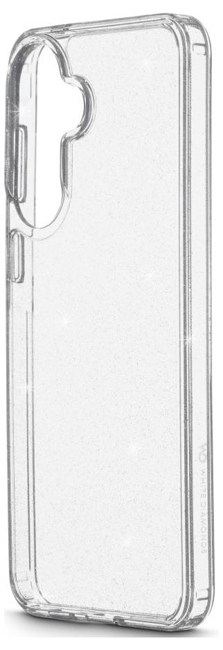 Doorzichtige beschermende smartphone case weergegeven in zijaanzicht, met cameragat en verhoogde randen.