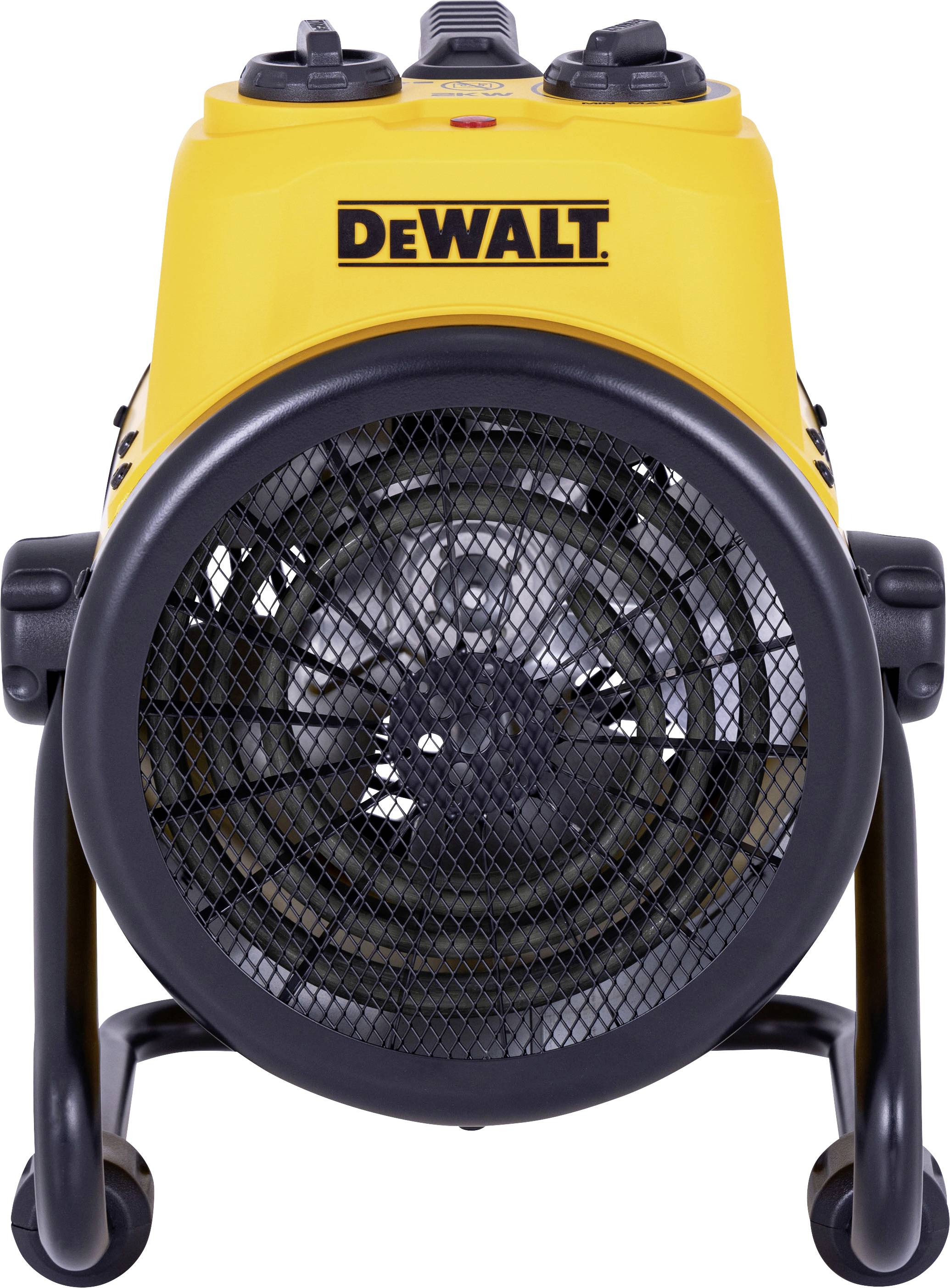 Gele DEWALT draagbare vloerventilator/verwarming met zwart beschermrooster en wielen, weergegeven in vooraanzicht op een witte achtergrond.