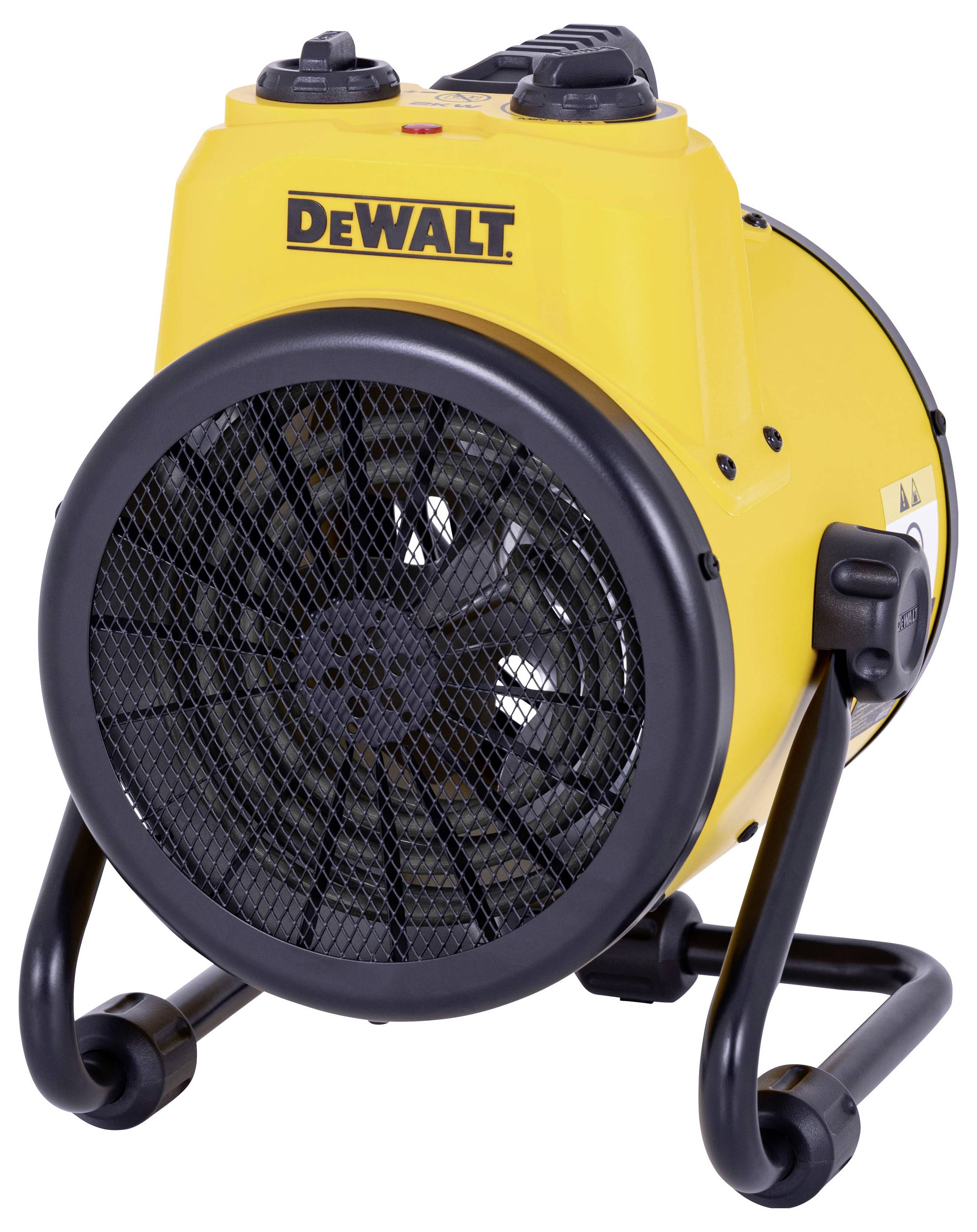 Gele DeWalt draagbare industriële ventilatorverwarmer met groot zwart voorrooster en verstelbare bovenschakelaars, weergegeven op een witte achtergrond.