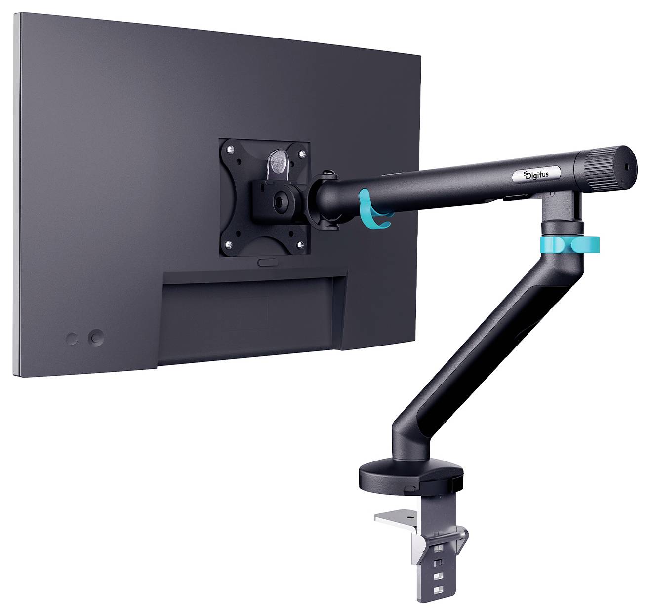 Verstelbare monitorarm gemonteerd aan de achterkant van een flatscreen-display, met een VESA-stijlbeugel en klembureau-mount.