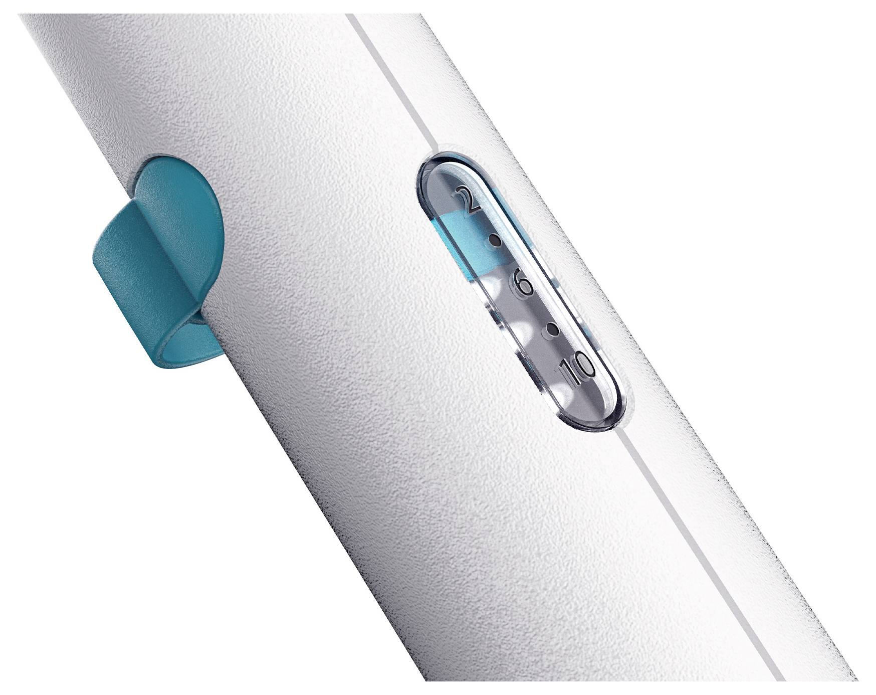 Close-up van een thermometer op een metalen apparaat, met een blauwe schuif ingesteld dicht bij 2 op een schaal gemarkeerd met 2, 6 en 10.