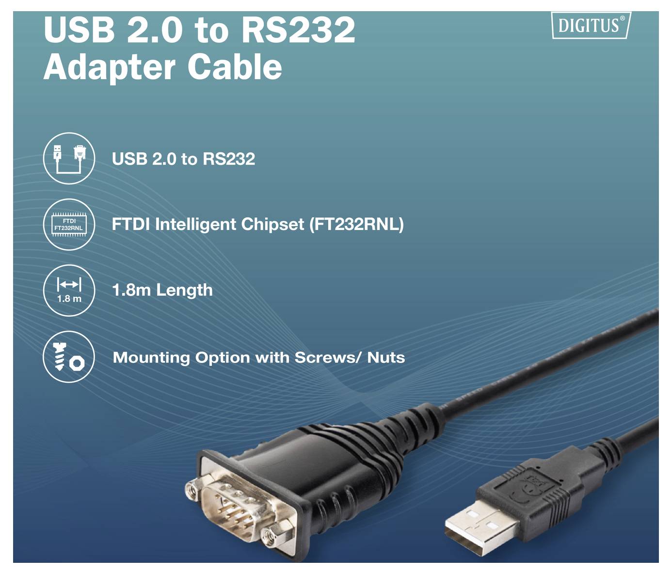 Digitus USB 2.0 naar RS232 adapterkabel, 1,8 m, met FTDI FT232RNL chipset en montageoptie met schroeven of moeren.