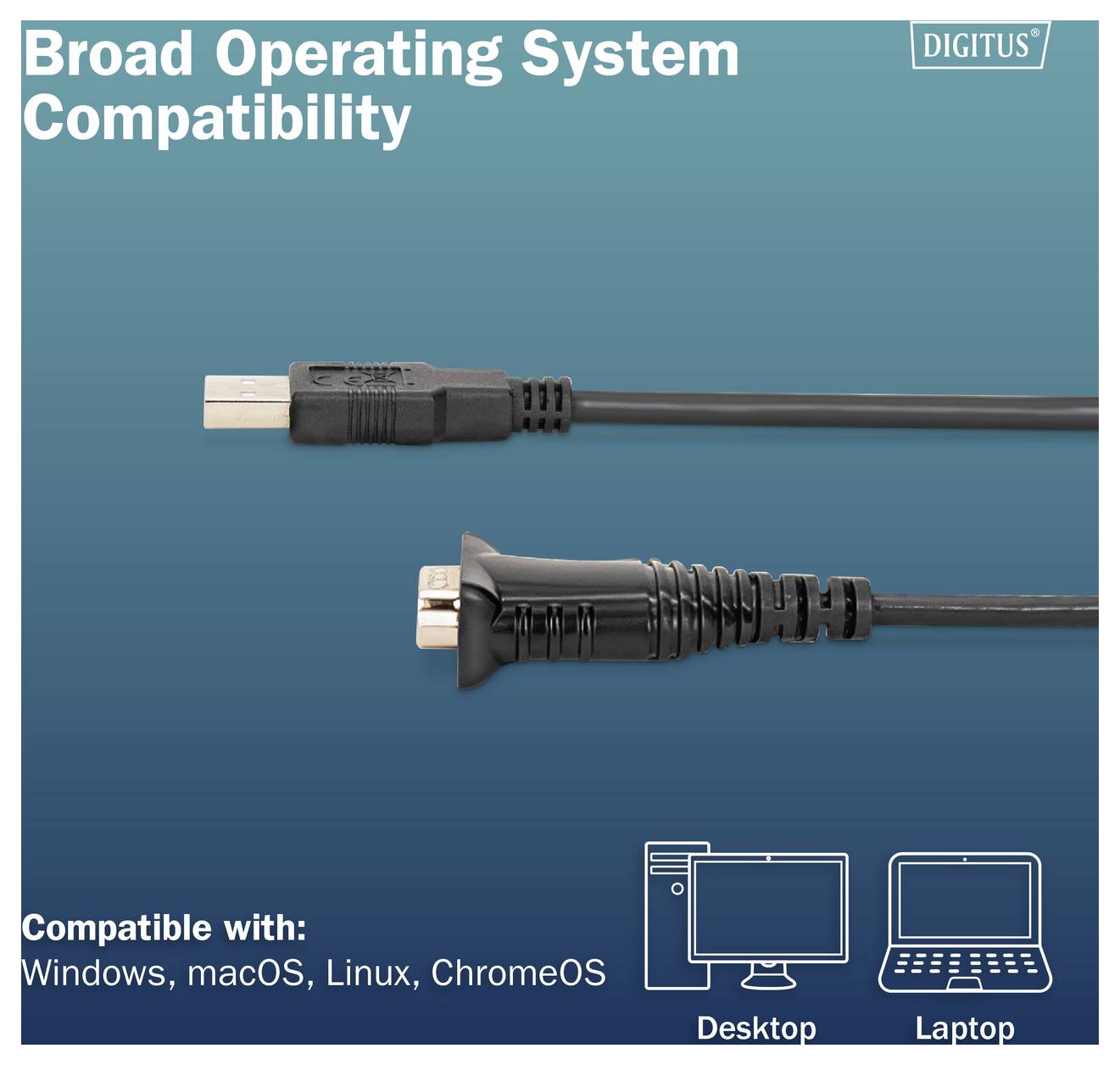 DIGITUS-promotie met USB-kabelcompatibiliteit met Windows, macOS, Linux en ChromeOS, met pictogrammen voor desktop- en laptopcomputers.