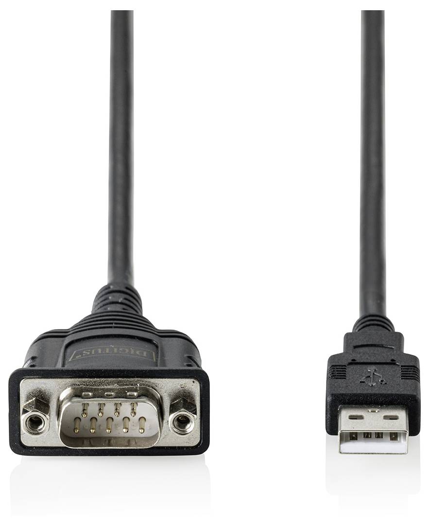 Twee kabelconnectoren op witte achtergrond: een DB9-seriële connector aan de linkerkant en een USB-A-stekker aan de rechterkant.