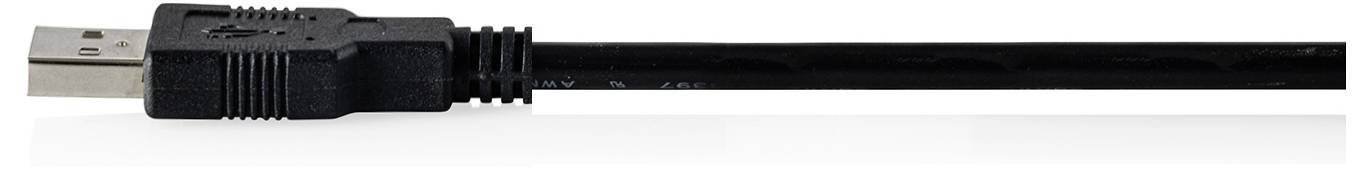 Zwarte USB-kabel met aan het ene uiteinde een Type-A-connector en aan het andere uiteinde een kleinere apparaatconnector, weergegeven in zijaanzicht.