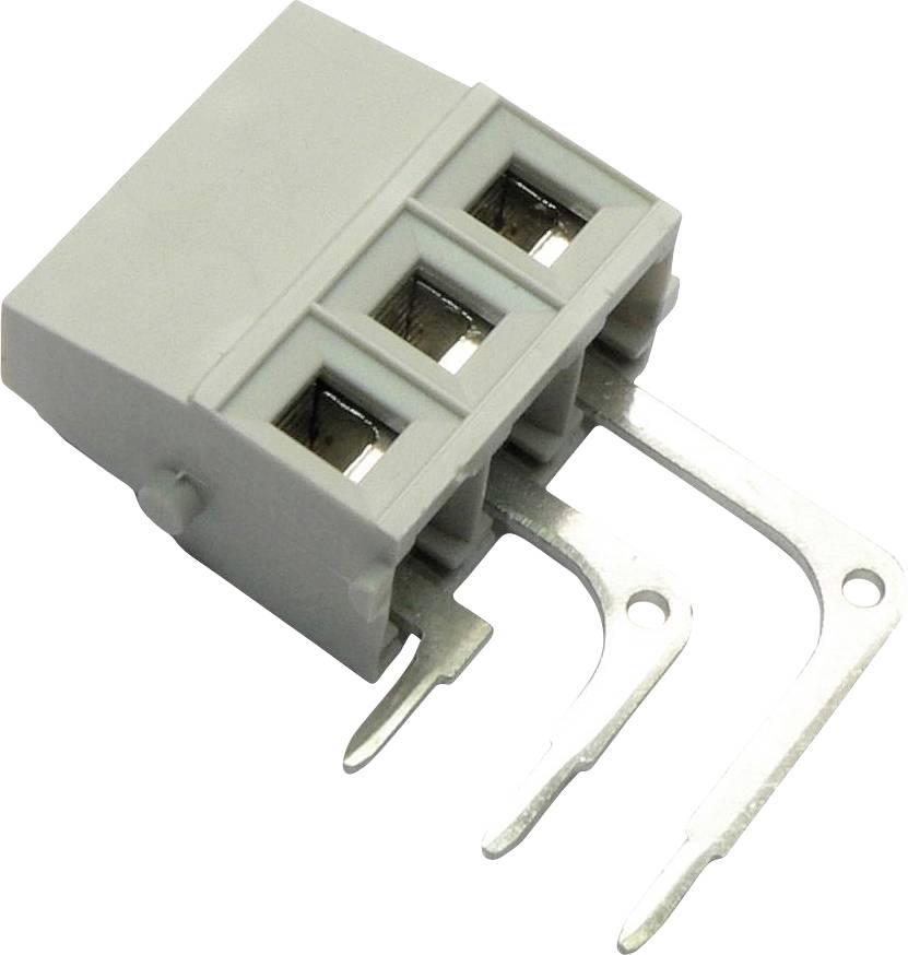 Grijze driepositie-elektrische klemmenblok met drie metalen contacten voor bedrading.