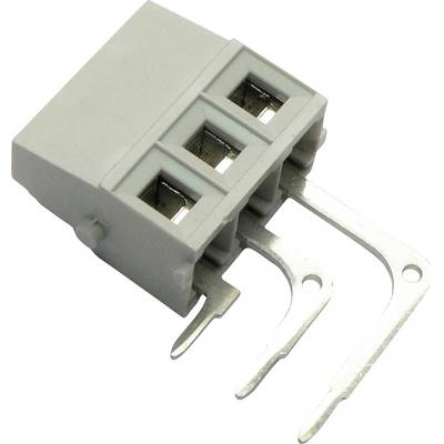 Grijze driepositie-elektrische klemmenblok met drie metalen contacten voor bedrading.