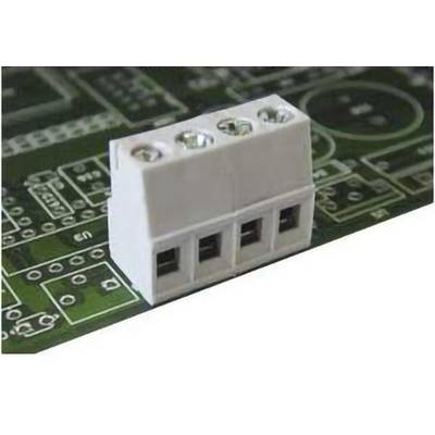 Close-up van een witte driepolige schroefklemmenblok gemonteerd op een groen circuitbord.