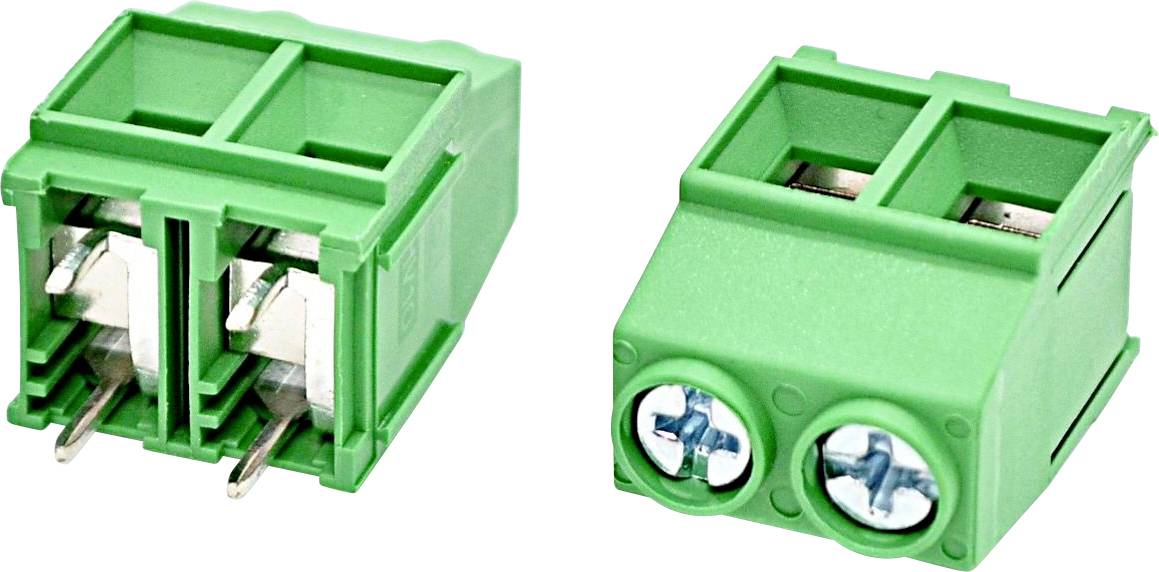 Twee groene elektrische aansluitblokken/-connectoren met twee pinnen, weergegeven vanuit voor- en schuine aanzichten.