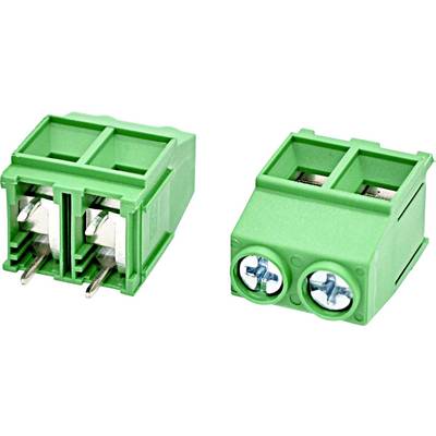 Twee groene elektrische aansluitblokken/-connectoren met twee pinnen, weergegeven vanuit voor- en schuine aanzichten.