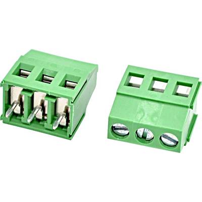 Groen 3-polig schroefklemmenblok connector getoond in voor- en zijaanzichten op witte achtergrond.