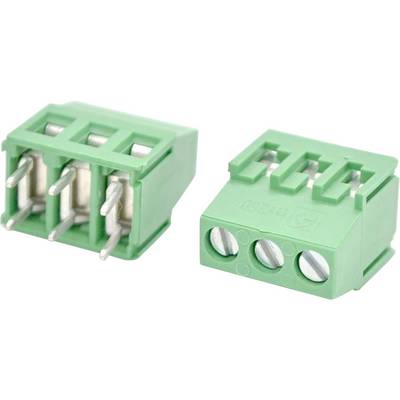 Groene 3-pins stekkerbare aansluitblokkconnector met schroefklemmen, weergegeven vanuit twee hoeken.