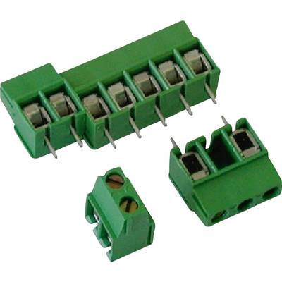Groene schroefklemmen blokconnectoren getoond op een witte achtergrond, inclusief lange multi-pin en kleinere 2-pins componenten.