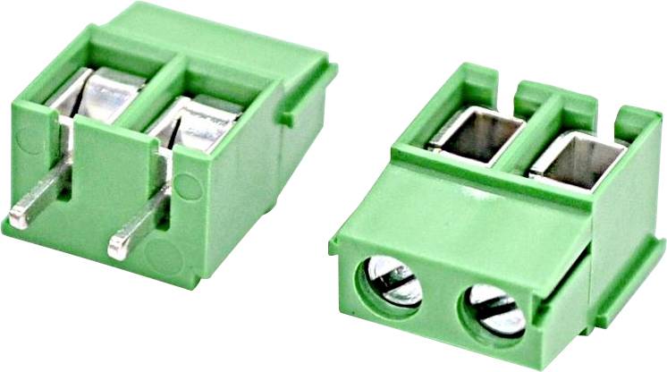 Twee groene twee-polige elektrische aansluitconnectoren, weergegeven in zijde- en vooraanzicht.