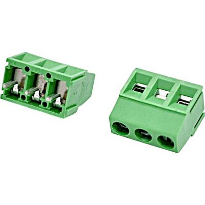 Twee groene drie-positie schroefklemmenblokken, één vooraanzicht en één schuin aanzicht, weergegeven op een witte achtergrond.
