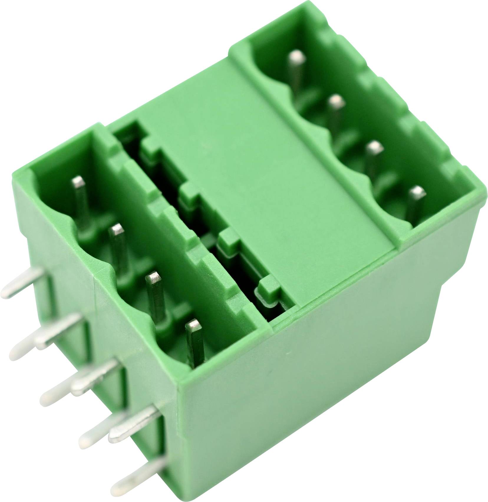 Groene tweedelige elektrische aansluitblok-connector met blootgestelde metalen pinnen, weergegeven op een witte achtergrond.