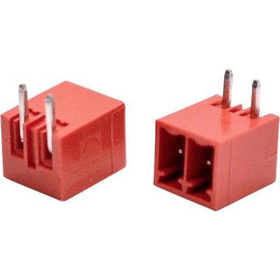 Twee rode twee-pins elektrische connectors getoond vanuit verschillende hoeken op een witte achtergrond.