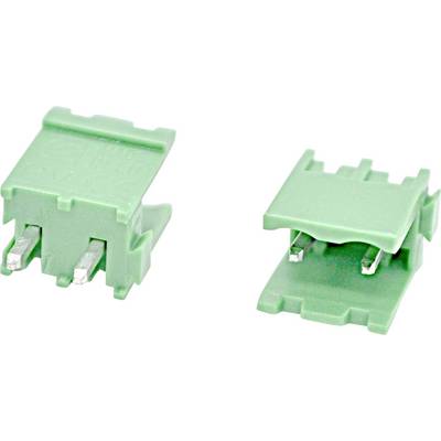 Twee groene elektrische aansluiting pluggen getoond op een witte achtergrond, elk met metalen pinnen en beschermende afdekking.