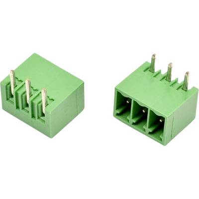 Groene 4-pins PCB-aansluitblok connector, weergegeven vanuit bovenaanzicht en vooraanzicht op een witte achtergrond.