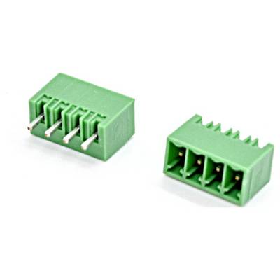 Twee groene 4-polige PCB-aansluitblokken, waarvan één met zichtbare metalen pinnen en één met draadintreeOpeningen.