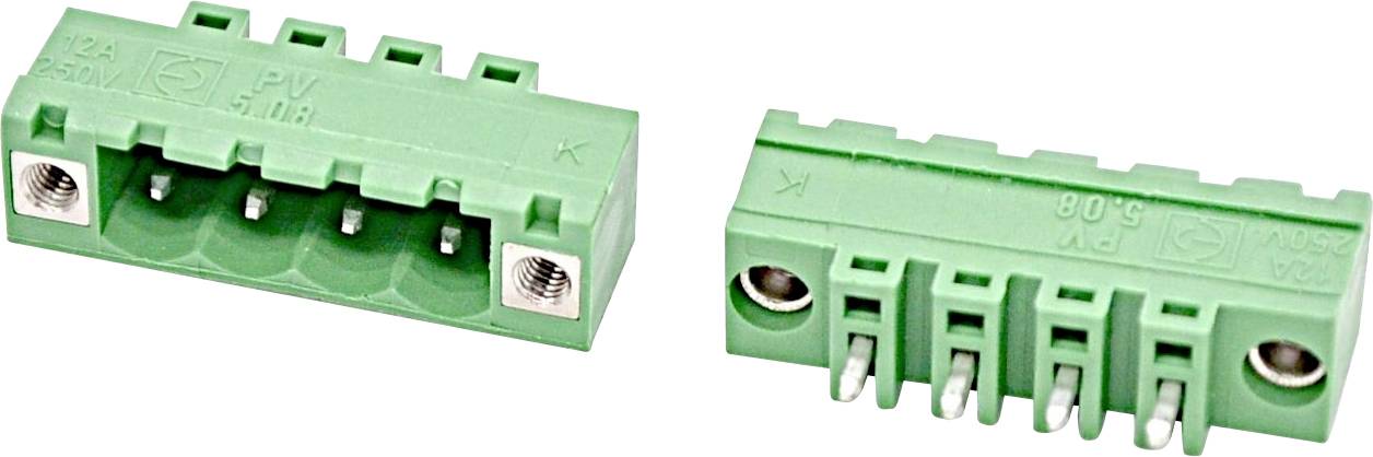 Twee groene terminal block connectors met schroefbare draadpoorten en metalen eindklemmen, getoond vanuit verschillende hoeken op een witte achtergrond.