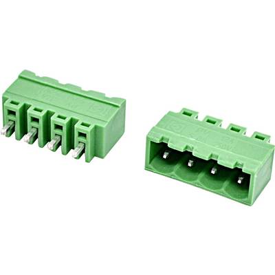 Groene vierpins aansluitbare klemmenblok-connector weergegeven vanuit voor- en schuine weergaven, met draadloos invoeren en metalen pennen.