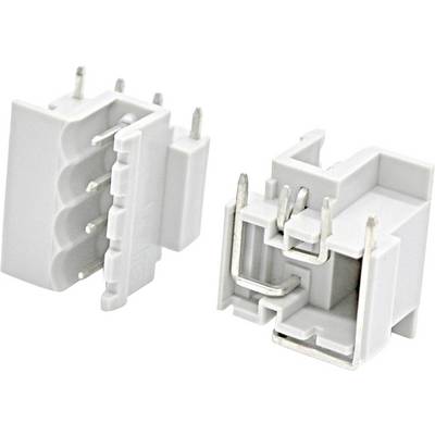 Twee witte kunststof elektrische connectoren met metalen pinnen, weergegeven naast elkaar op een witte achtergrond.