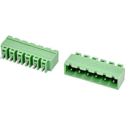Twee groene elektricterminalblokken met meerdere aansluitpunten, onder een hoek weergegeven, met blootgestelde metalen pinnen en kabelaansluitopeningen.