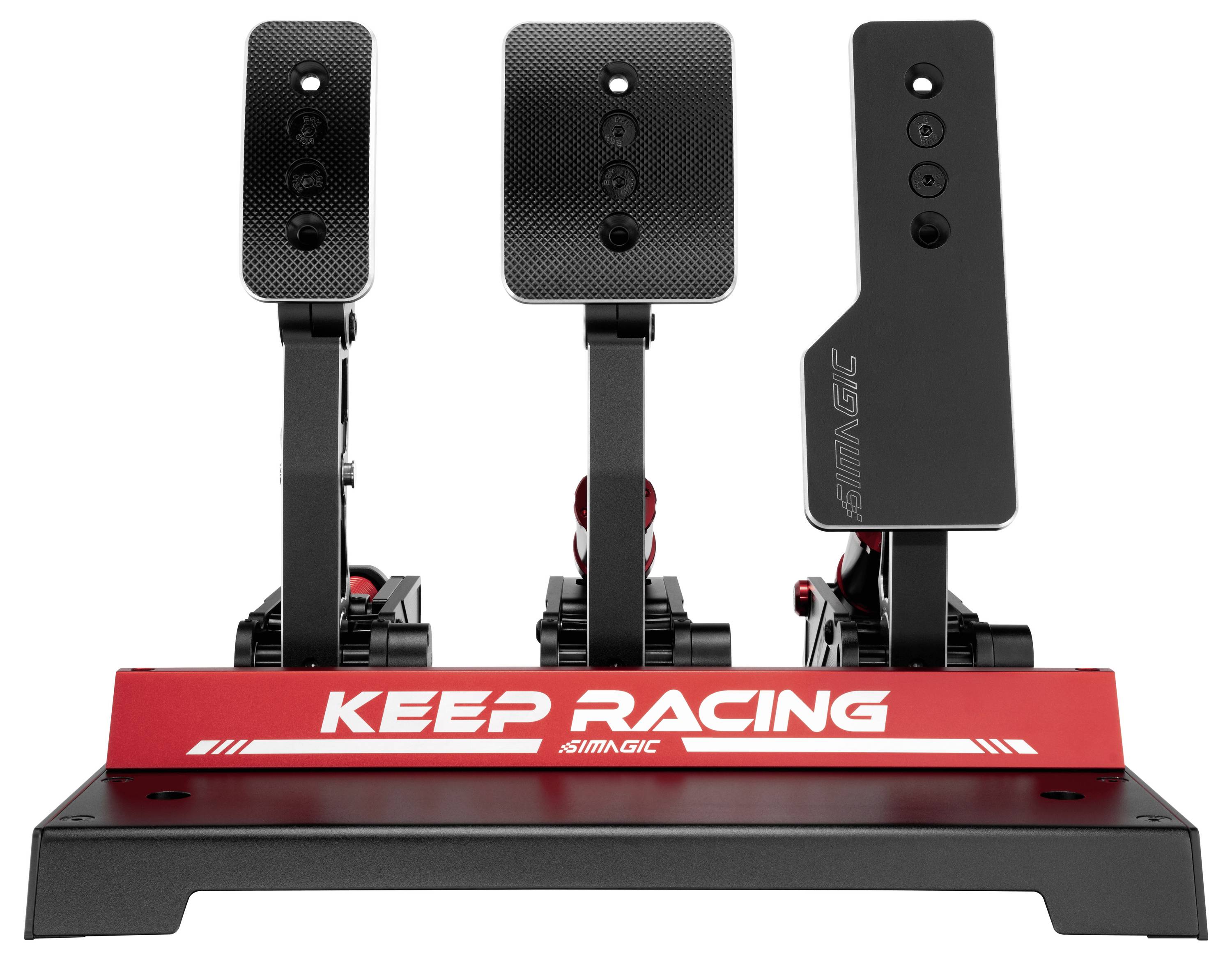 Drie racesimulator-pedalsets gemonteerd op een rood-zwarte basis met het opschrift 'KEEP RACING' en 'SIMAGIC'.