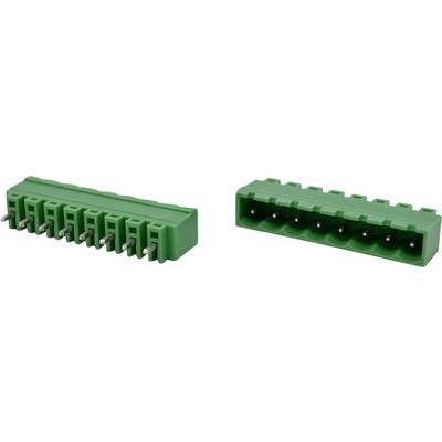 Twee groene 8-pins schroefklemmen getoond vanuit schuine voor- en zijaanzichten.