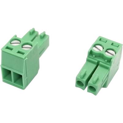 Twee groene twee-pins schroefklemmenblokken op een witte achtergrond, één rechtop en één onder een hoek.