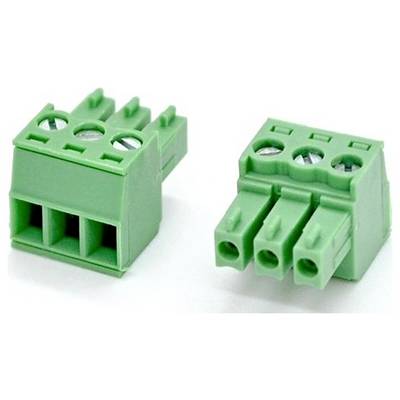 Twee groene elektrische aansluitblok-connectoren, één vooraanzicht en één schuin aanzicht, waarop schroefgaten en draadinvoergaten zichtbaar zijn.