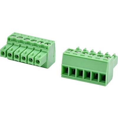 Twee groene 6-positie schroefklemmen weergegeven vanuit hoekige voor- en achteraanzichten op een witte achtergrond.