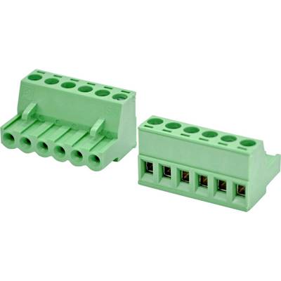 Twee groene stekkerbare klemmenblokken, één onder een hoek en één recht, weergegeven op een witte achtergrond.