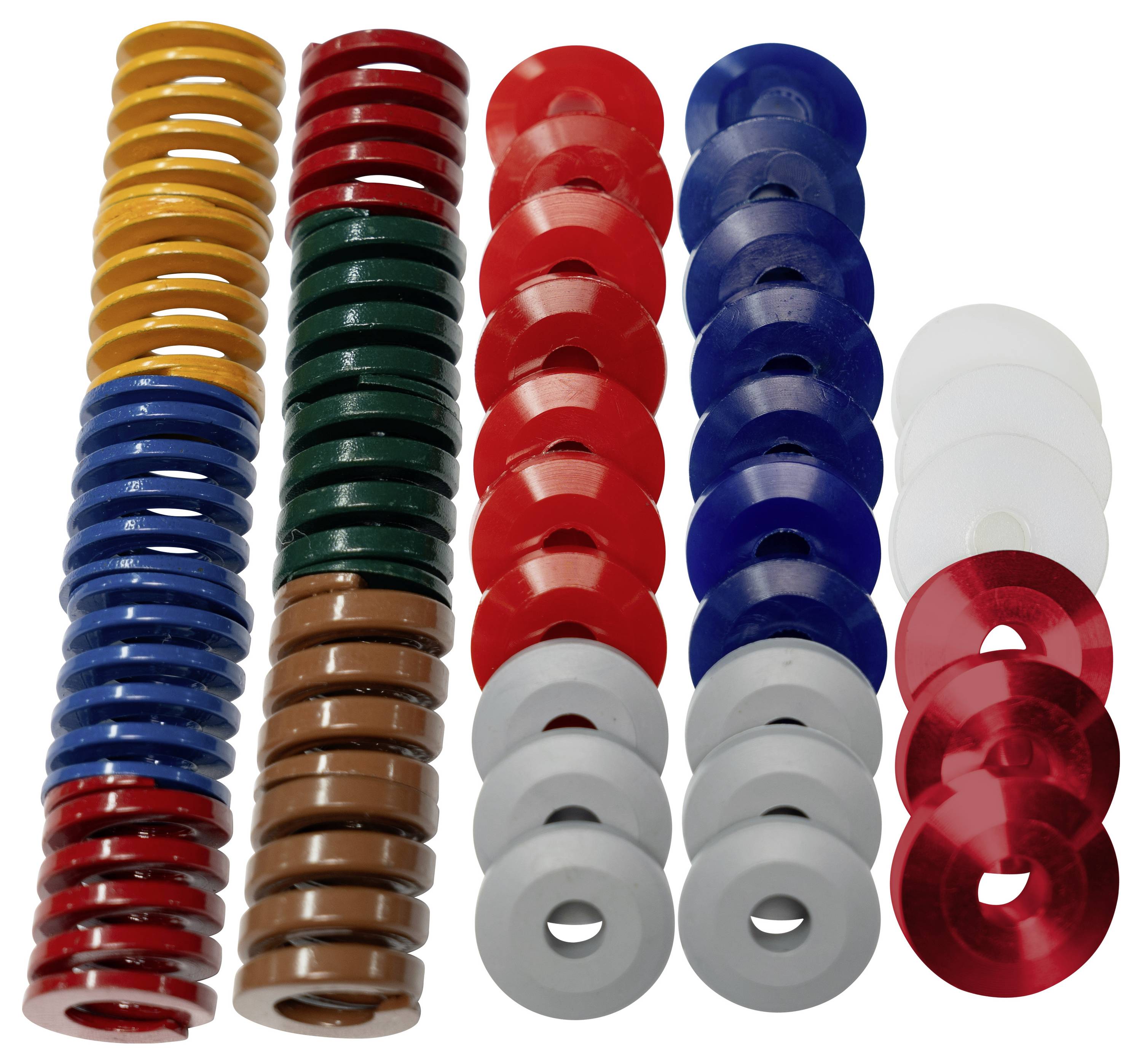 Kleurcoderingsstacks van plastic schijven op witte achtergrond, gerangschikt in kolommen van geel, blauw, rood, groen, bruin, grijs en wit/rood.