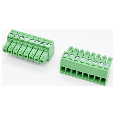 Twee groene elektrische aansluitblok-connectoren getoond op een witte achtergrond, één onder een hoek om de schroefklemmen en draadopeningen zichtbaar te maken.