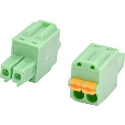 Twee groene twee-polige elektrische stekkerconnectoren, getoond op een witte achtergrond, één met blootgestelde contactopeningen en één met oranje terminalinzetstukken.