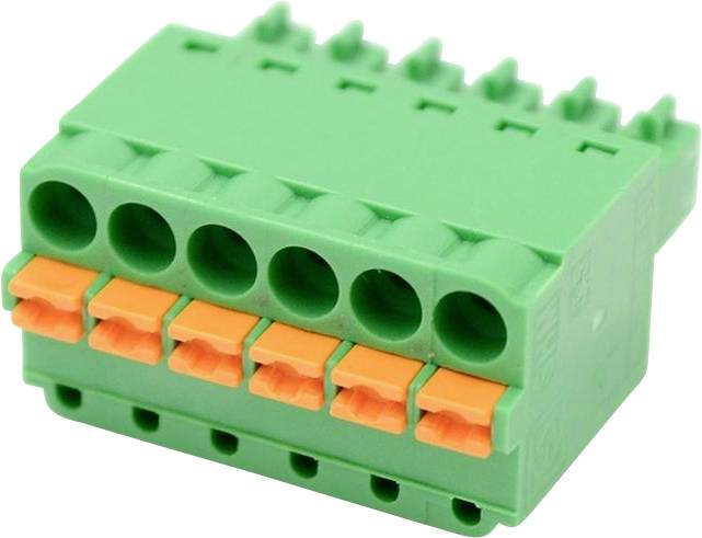 Groen zes-positie klemmenblok connectoren met oranje vergrendelingshendels