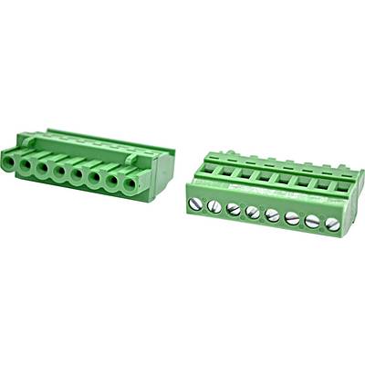 Twee groene schroefklemmenblokken met meerdere ronde draadpoorten, getoond vanuit verschillende hoeken op een witte achtergrond.