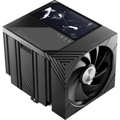 Zwarte NZXT T120 TRYX vloeistofkoeler met een grote voorventilator, finstaak en topscherm met abstracte afbeeldingen.