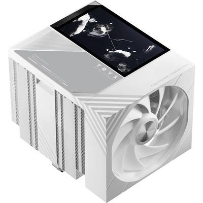 Witte TRYX computerkoelblok voor vloeistofkoeling met geïntegreerd scherm en grote zijventilator, weergegeven in een productafbeelding.