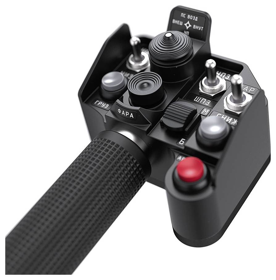Close-up van een zwarte vliegtuigjoystick met meerdere schakelaars, knoppen en gelabelde bedieningen, inclusief een rode knop en gegrepen textuuroppervlak.