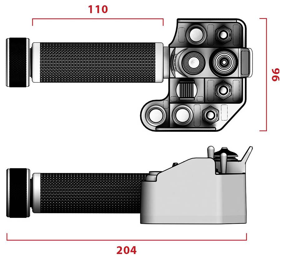 Technische tekening van een handgreep-bevestiging voor handheldcamera's, met bovenaanzicht en zijaanzicht met afmetingen 110, 96 en 204.