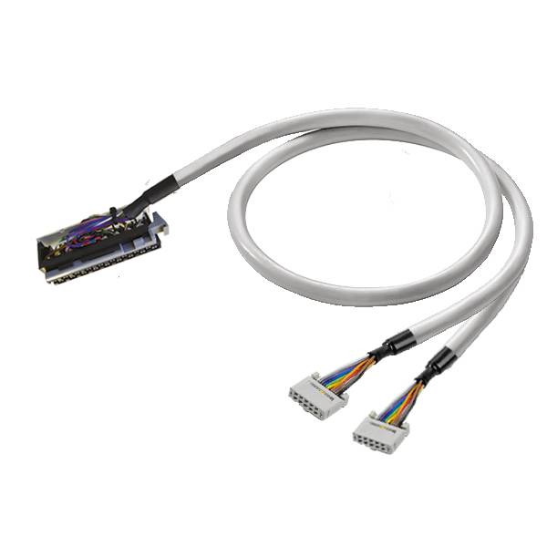 Grijze kabelharnas met één zwarte connector en twee witte multi-pins connectors met zichtbare gekleurde draden.