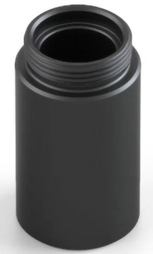 Zwarte cilindrische kunststof fles of container met een open schroefdraadnek, weergegeven tegen een effen lichte achtergrond.