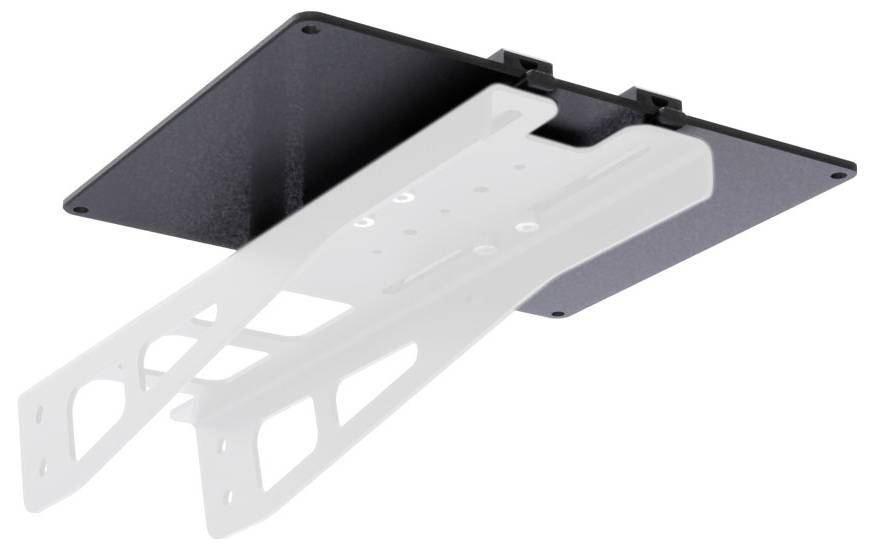 Verstelbare witte metalen plafondprojectormontage met zwarte basisplaat en uitschuifbare steunarmmen.